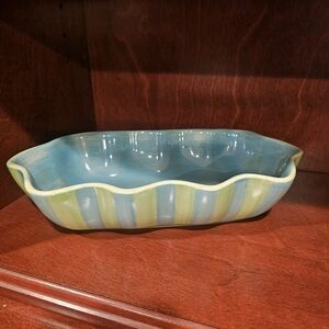 Southern Living Provence 11" Ruffled Bowl - Turquoise and Light Green Stripes